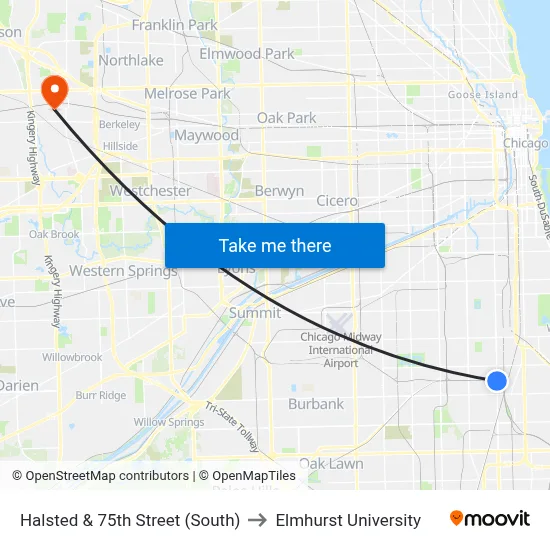 Halsted & 75th Street (South) to Elmhurst University map
