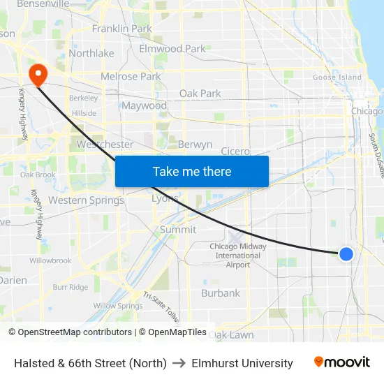 Halsted & 66th Street (North) to Elmhurst University map