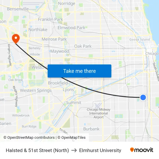 Halsted & 51st Street (North) to Elmhurst University map