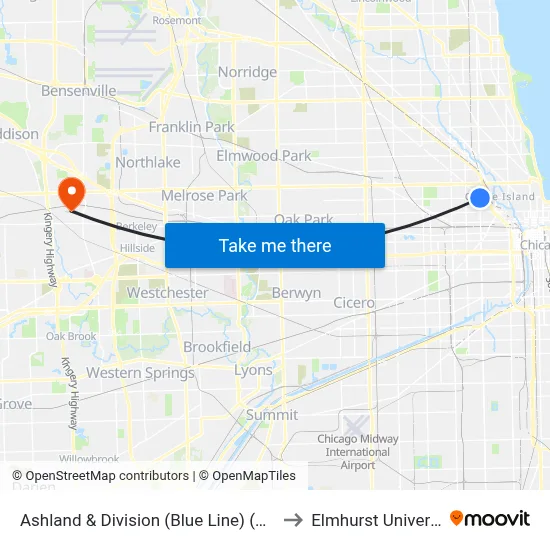 Ashland & Division (Blue Line) (South) to Elmhurst University map