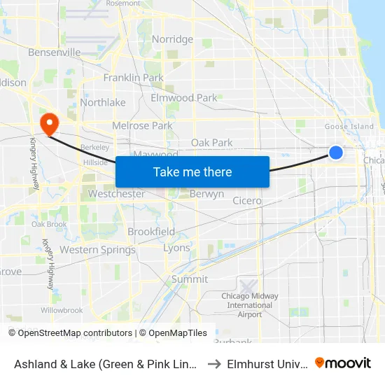 Ashland & Lake (Green & Pink Lines) (South) to Elmhurst University map