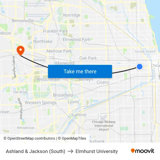 Ashland & Jackson (South) to Elmhurst University map