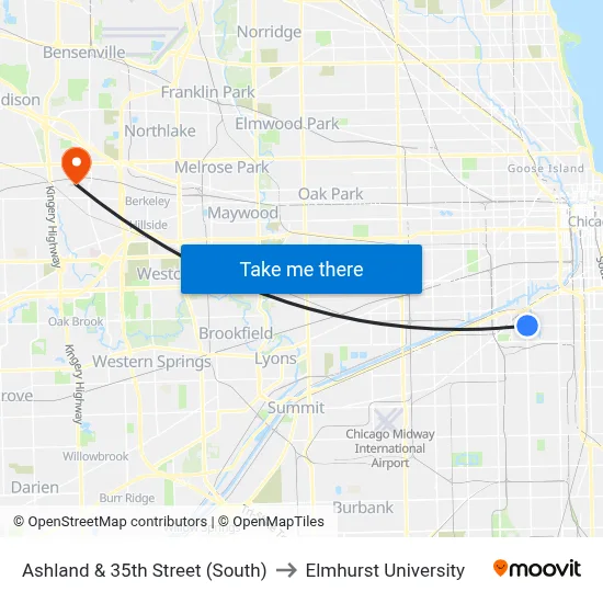 Ashland & 35th Street (South) to Elmhurst University map