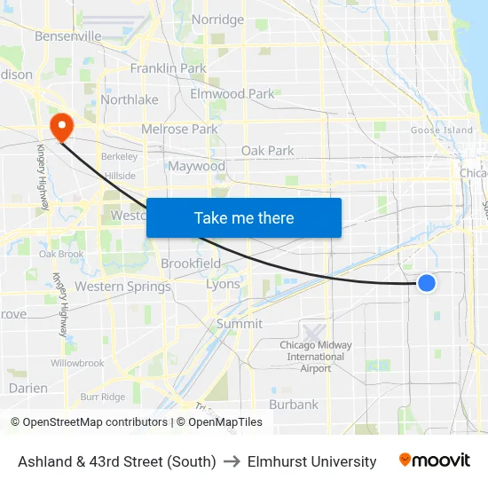 Ashland & 43rd Street (South) to Elmhurst University map
