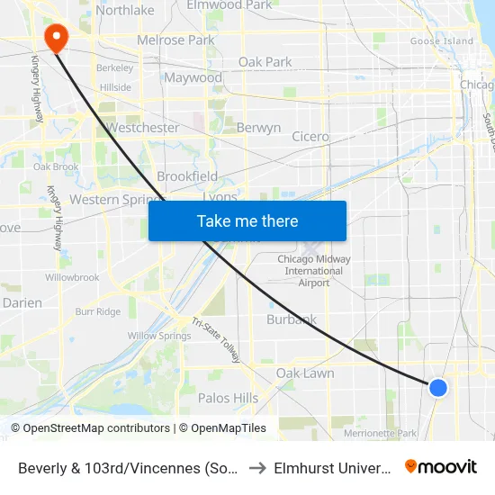 Beverly & 103rd/Vincennes (South) to Elmhurst University map