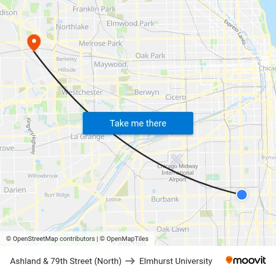 Ashland & 79th Street (North) to Elmhurst University map
