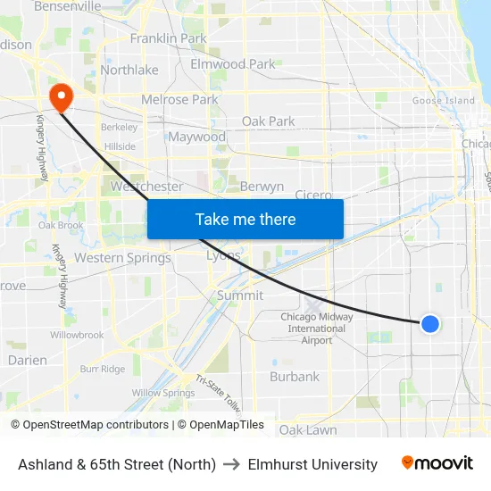 Ashland & 65th Street (North) to Elmhurst University map