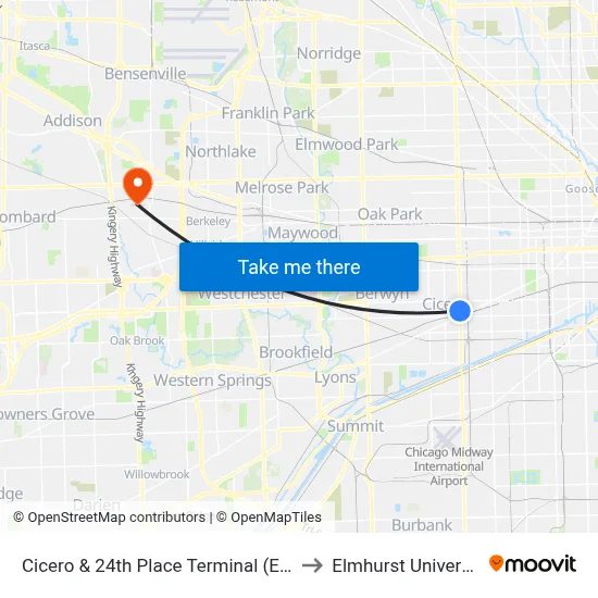 Cicero & 24th Place Terminal (East) to Elmhurst University map