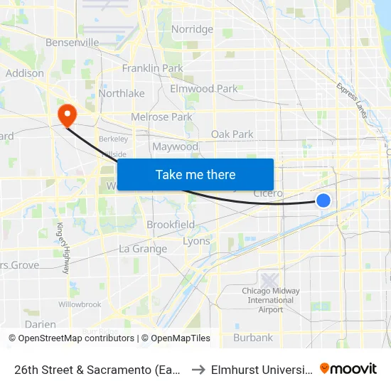 26th Street & Sacramento (East) to Elmhurst University map