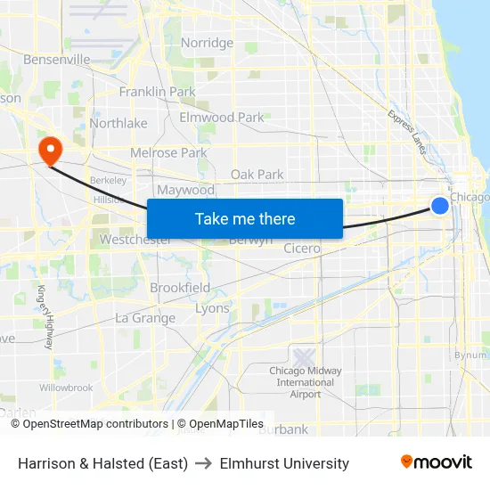 Harrison & Halsted (East) to Elmhurst University map