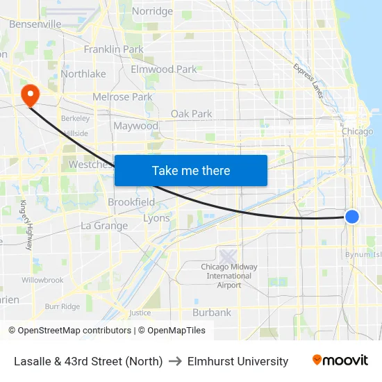 Lasalle & 43rd Street (North) to Elmhurst University map