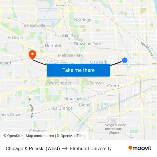 Chicago & Pulaski (West) to Elmhurst University map