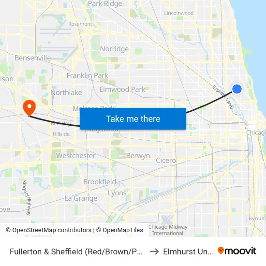 Fullerton & Sheffield (Red/Brown/Purple Line) (East) to Elmhurst University map
