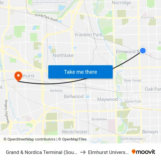 Grand & Nordica Terminal (South) to Elmhurst University map