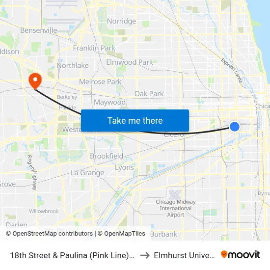 18th Street & Paulina (Pink Line) (East) to Elmhurst University map
