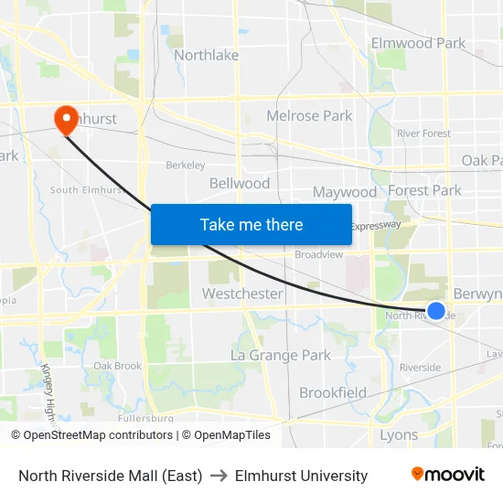 North Riverside Mall (East) to Elmhurst University map