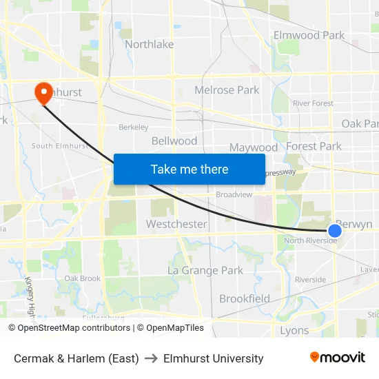 Cermak & Harlem (East) to Elmhurst University map