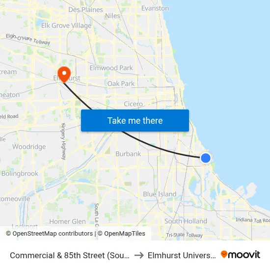 Commercial & 85th Street (South) to Elmhurst University map