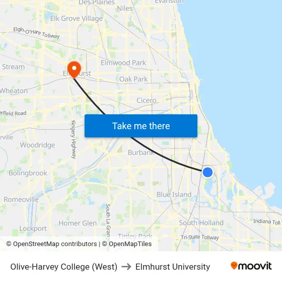 Olive-Harvey College (West) to Elmhurst University map