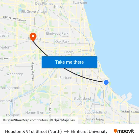 Houston & 91st Street (North) to Elmhurst University map