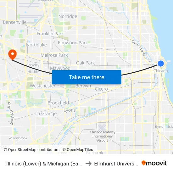 Illinois (Lower) & Michigan (East) to Elmhurst University map