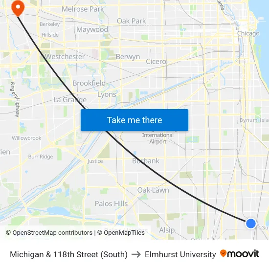 Michigan & 118th Street (South) to Elmhurst University map