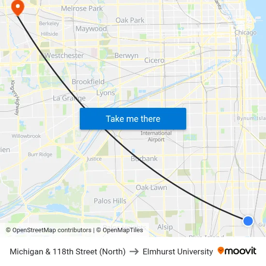 Michigan & 118th Street (North) to Elmhurst University map