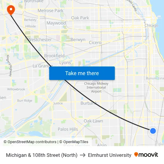 Michigan & 108th Street (North) to Elmhurst University map