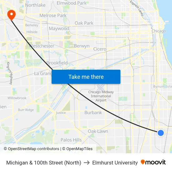 Michigan & 100th Street (North) to Elmhurst University map