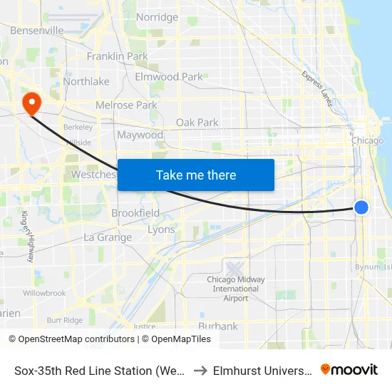 Sox-35th Red Line Station (West) to Elmhurst University map