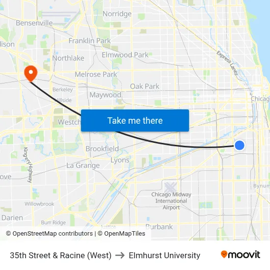 35th Street & Racine (West) to Elmhurst University map