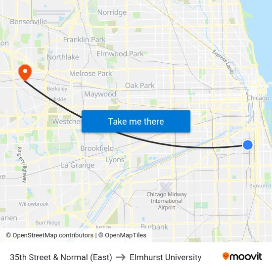 35th Street & Normal (East) to Elmhurst University map