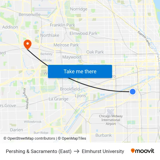 Pershing & Sacramento (East) to Elmhurst University map