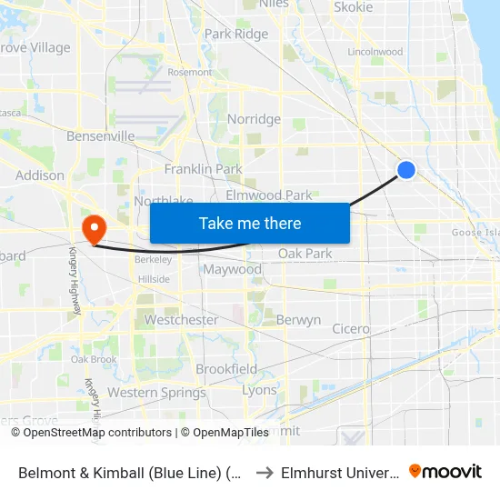 Belmont & Kimball (Blue Line) (West) to Elmhurst University map