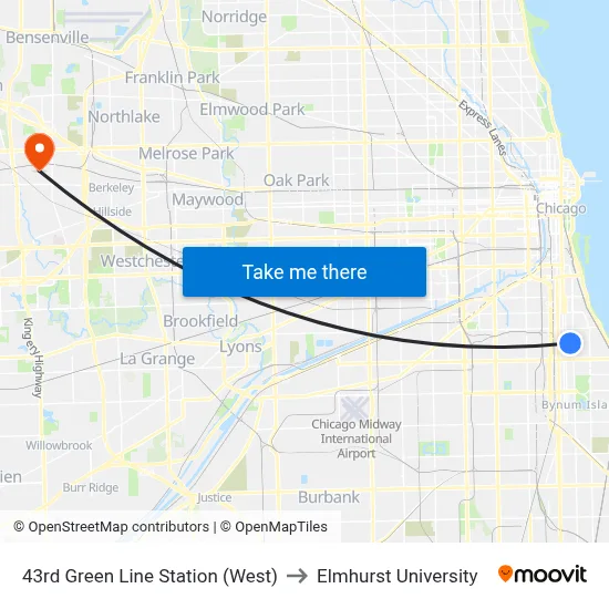43rd Green Line Station (West) to Elmhurst University map