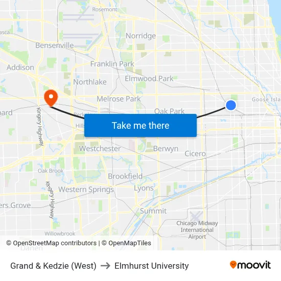 Grand & Kedzie (West) to Elmhurst University map