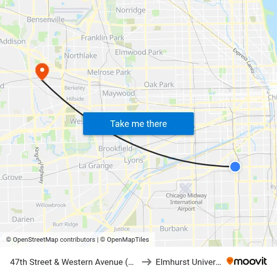 47th Street & Western Avenue (West) to Elmhurst University map