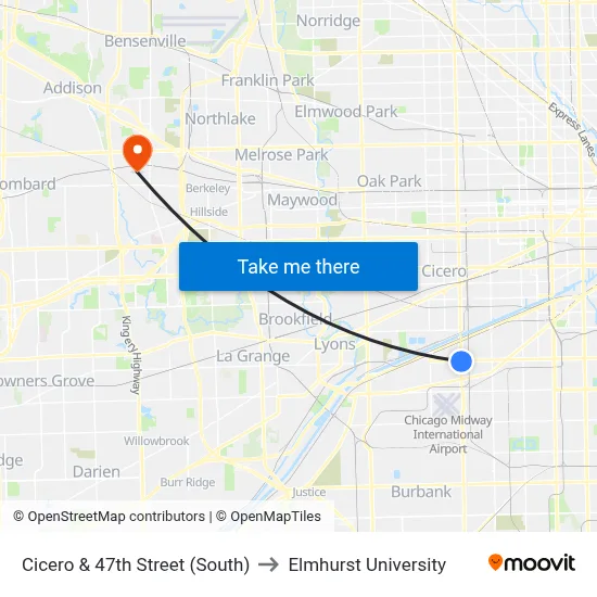 Cicero & 47th Street (South) to Elmhurst University map