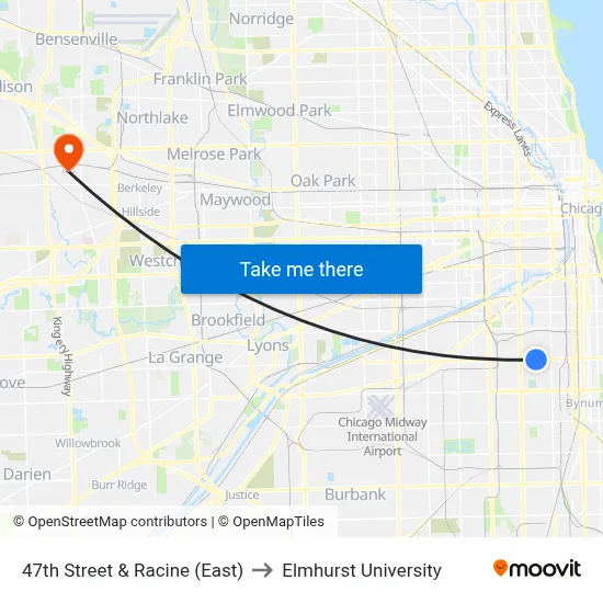 47th Street & Racine (East) to Elmhurst University map
