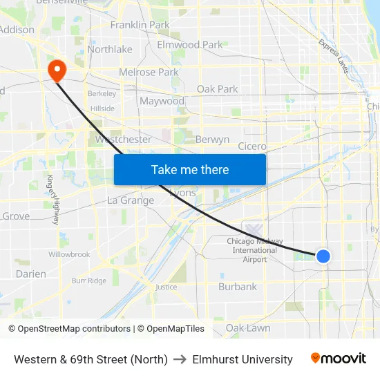 Western & 69th Street (North) to Elmhurst University map