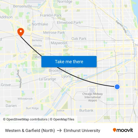 Western & Garfield (North) to Elmhurst University map