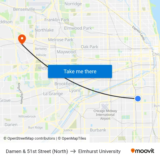 Damen & 51st Street (North) to Elmhurst University map