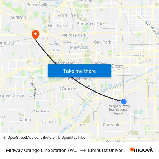 Midway Orange Line Station (West) to Elmhurst University map