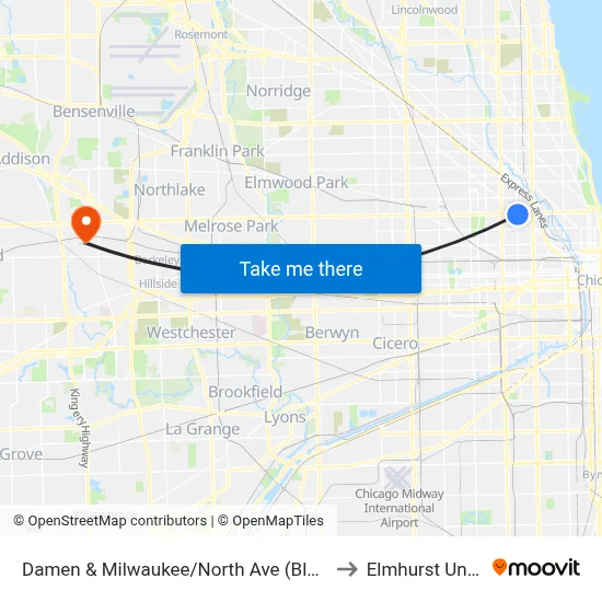 Damen & Milwaukee/North Ave (Blue Line) (North) to Elmhurst University map