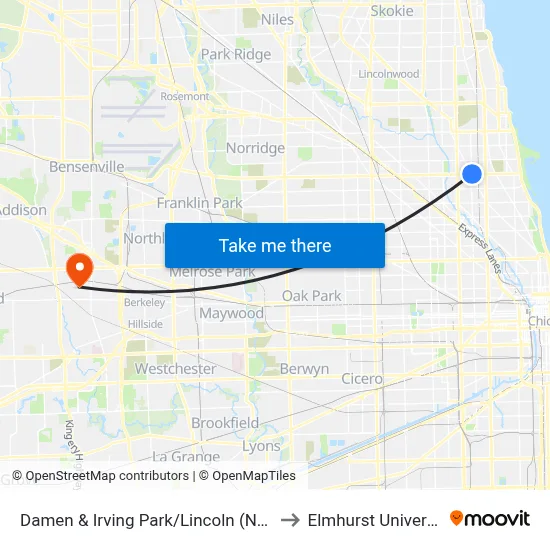 Damen & Irving Park/Lincoln (North) to Elmhurst University map