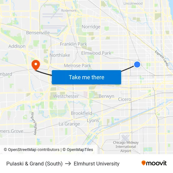 Pulaski & Grand (South) to Elmhurst University map