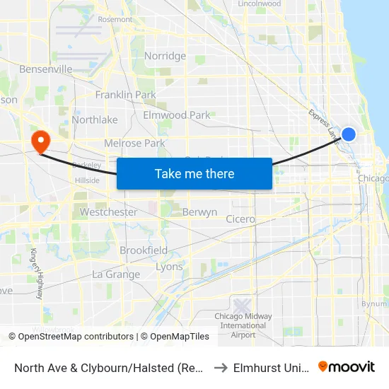 North Ave & Clybourn/Halsted (Red Line) (East) to Elmhurst University map