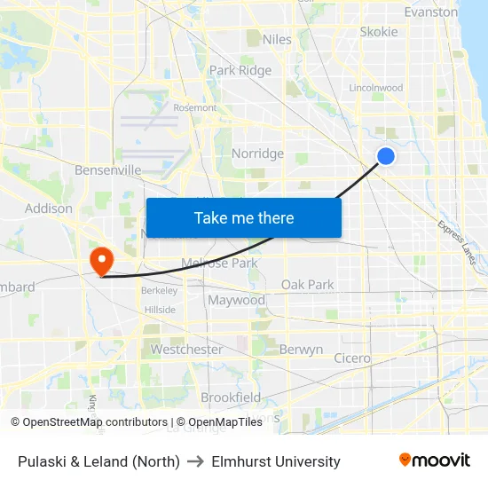 Pulaski & Leland (North) to Elmhurst University map