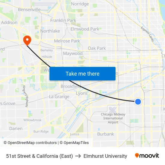 51st Street & California (East) to Elmhurst University map
