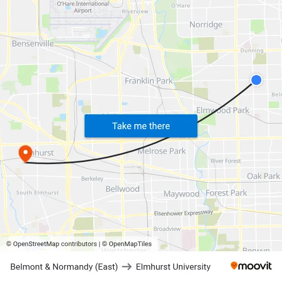 Belmont & Normandy (East) to Elmhurst University map